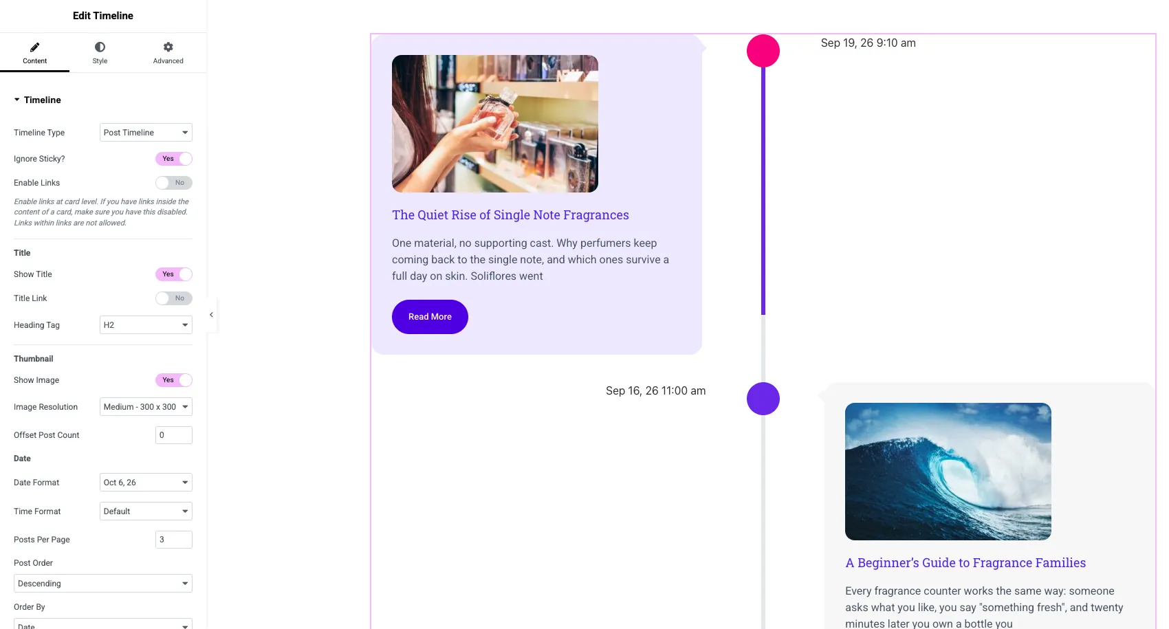 Elementor-Zeitleisten-Widget mit Zeitleisten-Typ auf Post-Zeitleiste gesetzt, das Blog-Beiträge entlang einer vertikalen Linie anzeigt