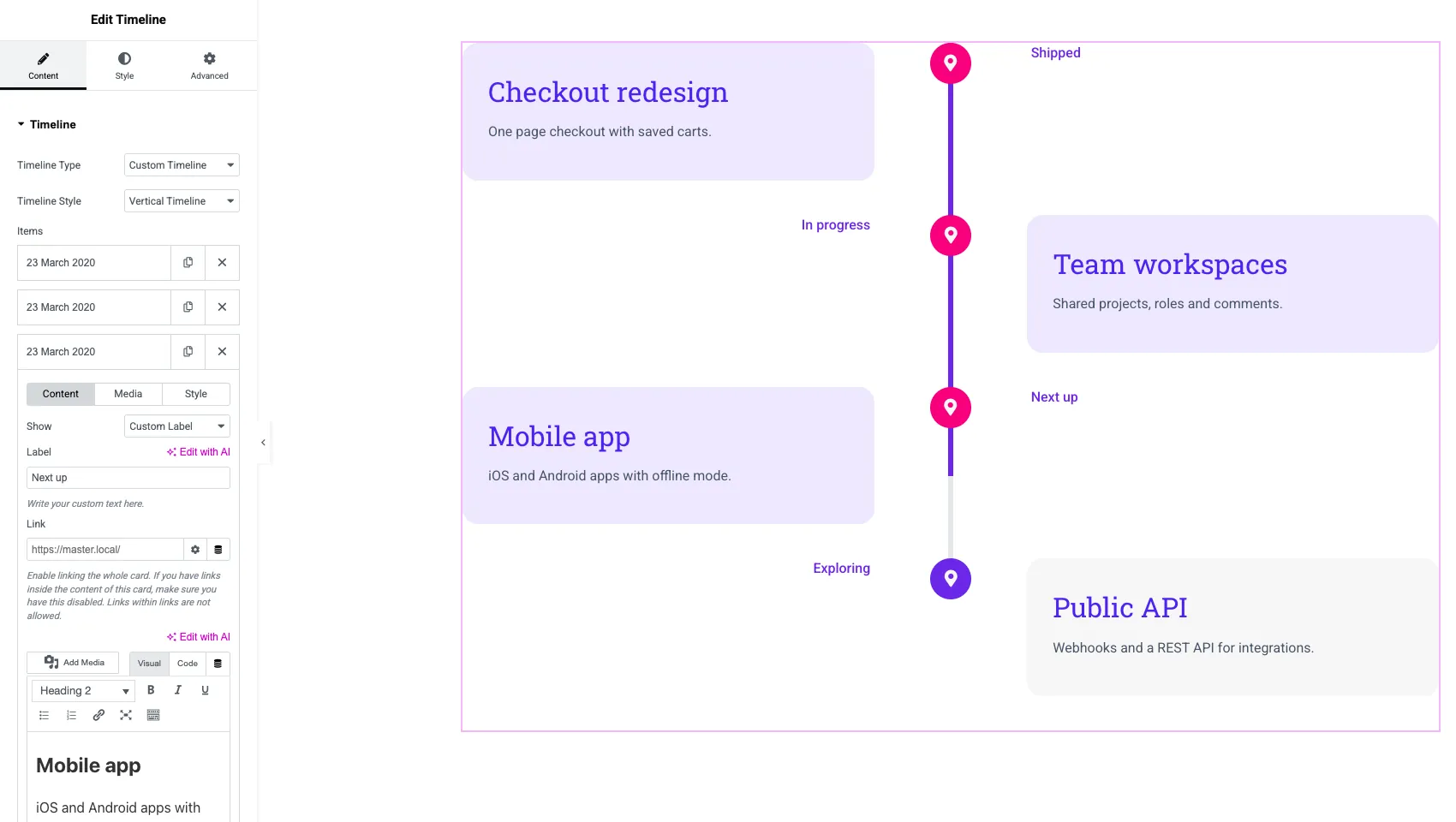 Elementor Timeline item with Show set to Custom Label and the label Next up, used for a product roadmap