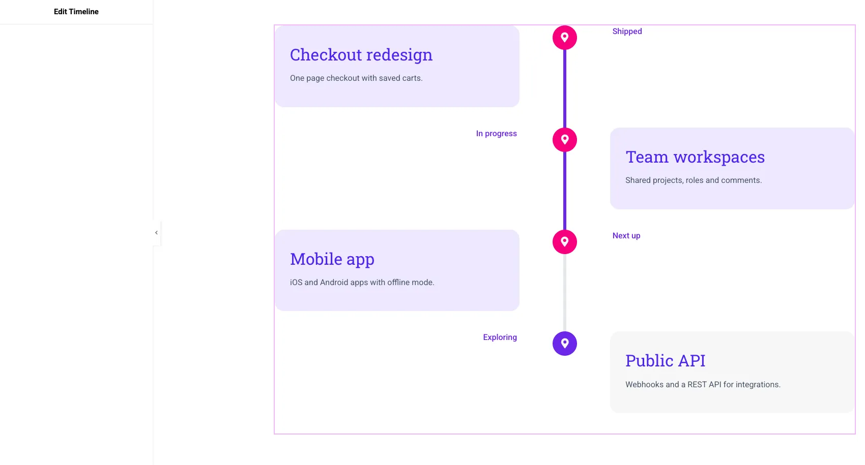 Product roadmap built with the Elementor Timeline widget showing Shipped, In progress, Next up and Exploring phases