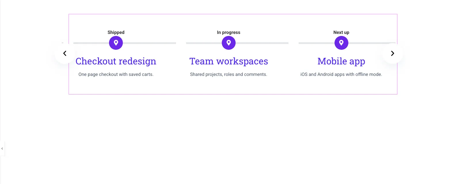 Horizontal product roadmap carousel in Elementor with Shipped, In progress and Next up above the line
