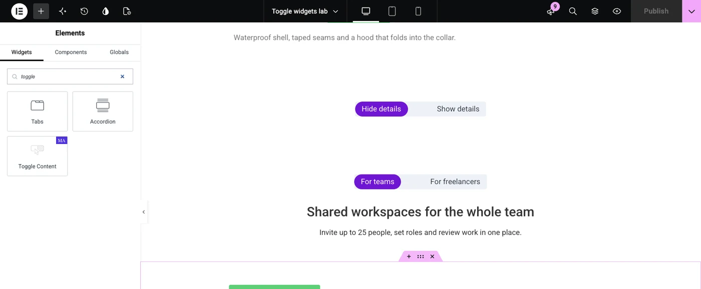 Elementor 4.3 Widget-Panel-Suche nach Umschaltfunktion, die Tabs, Akkordeon und Master-Addons zeigt. Inhalte umschalten