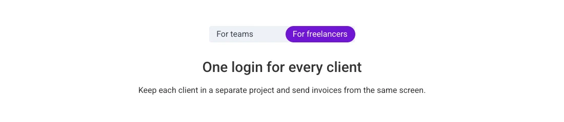 Indholdsskiftemaskine med For teams og For freelancere labels og freelancerteksten, der vises
