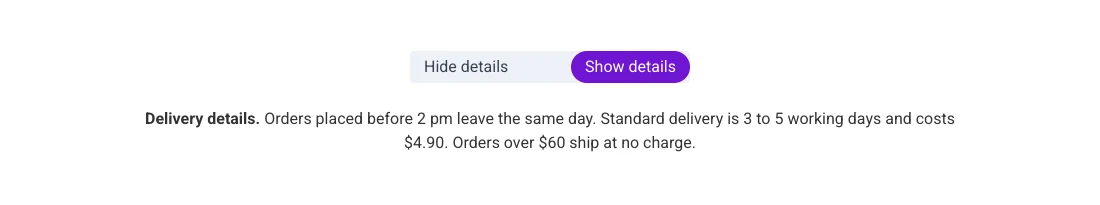 Toggle Content switch set to Show details with a delivery details paragraph showing below it