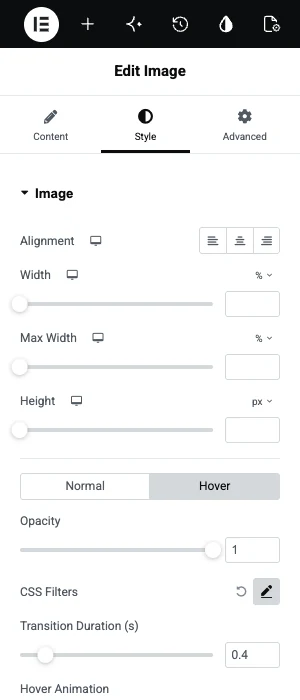 Elementor Image widget Style tab with the Hover tab open, showing Opacity, CSS Filters, Transition Duration and Hover Animation