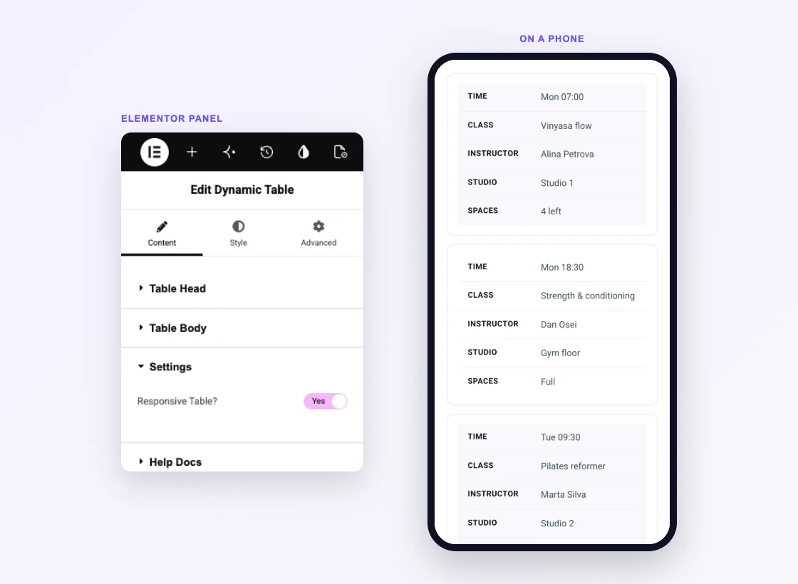 Responsive Table switch in the Dynamic Table Settings panel next to a class timetable stacked into cards on a phone