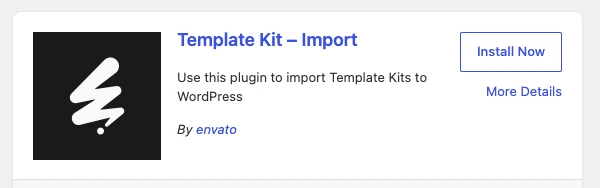Template Kit Import plugin by envato in the WordPress Add Plugins search results with an Install Now button