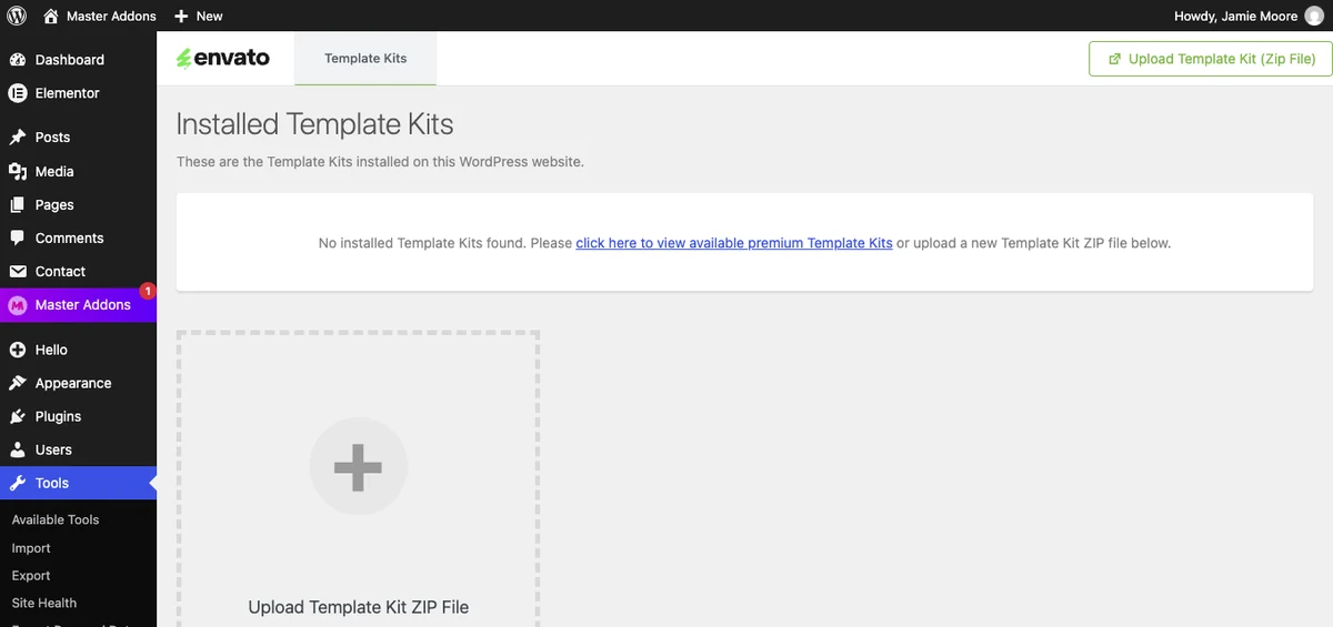 Template Kit Import screen under Tools in WordPress showing no installed template kits and an Upload Template Kit ZIP File box