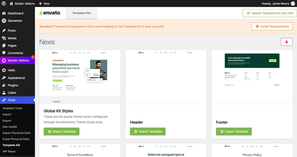 Uploaded Envato template kit in Template Kit Import with a requirements notice and Import Template buttons under Global Kit Styles, Header and Footer