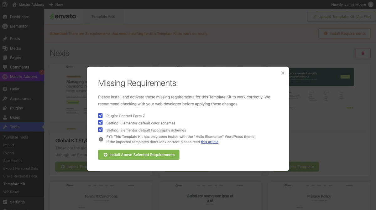 Missing Requirements window in Template Kit Import listing Contact Form 7 and the Elementor default color and typography schemes