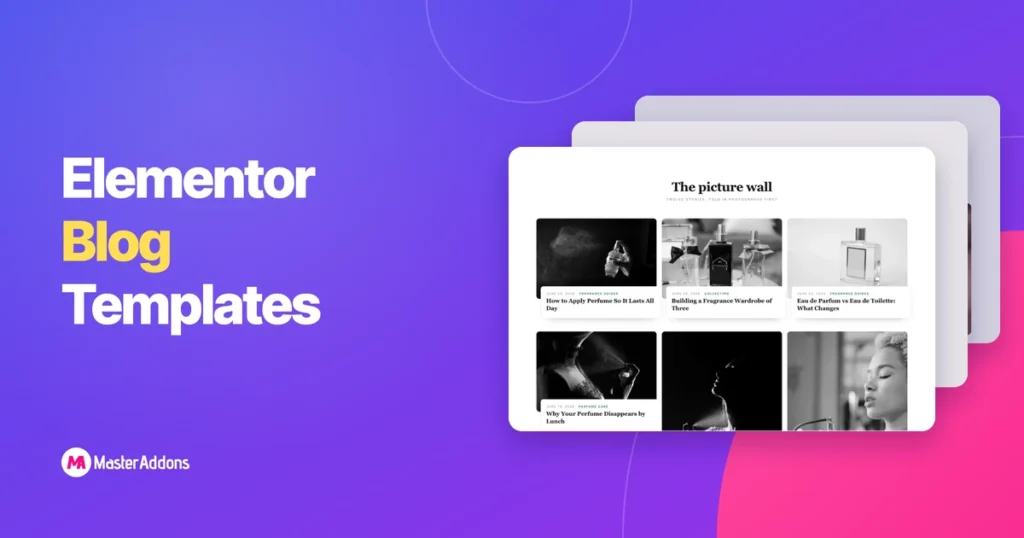 Tre Elementor blogside layouts vist som stablede kort