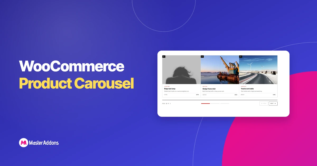 A product carousel showing three products with image, name and price