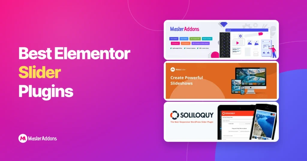 Banners of three Elementor slider plugins shown one above the other