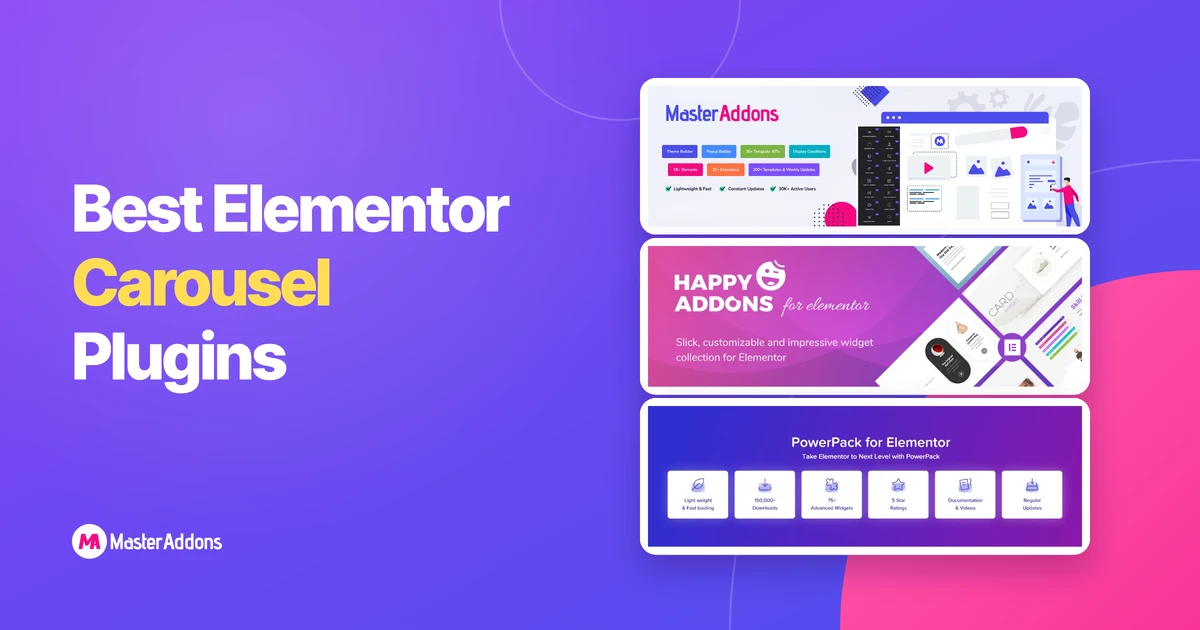 Banners of three Elementor carousel plugins shown one above the other