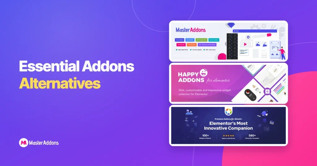 Bannere med tre Elementor addon plugins vist over hinanden