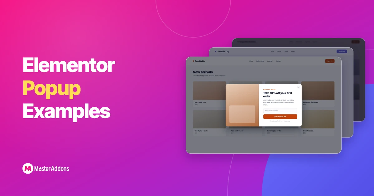 Three Elementor popup examples shown as stacked cards