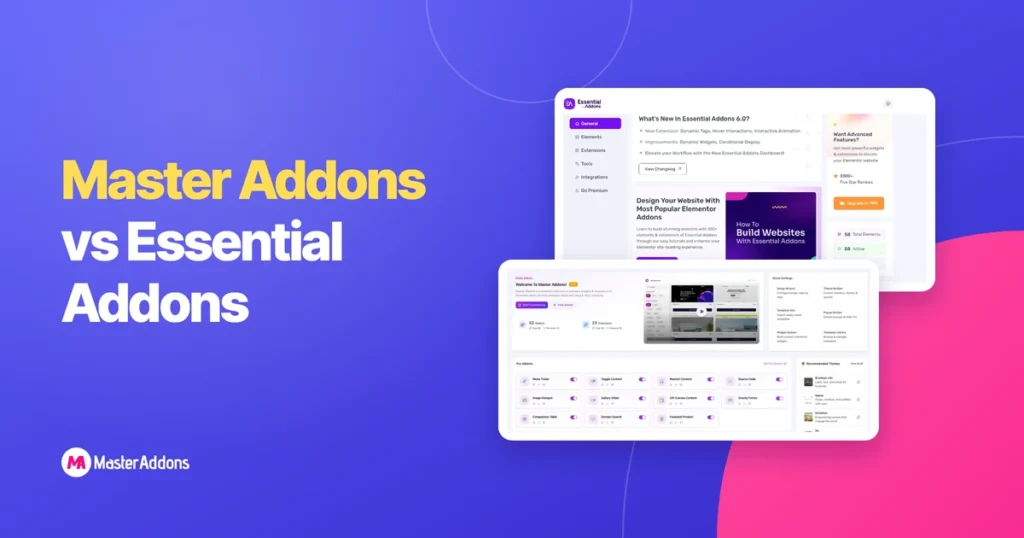 Les tableaux de bord Essential Addons et Master Addons présentés sous forme de deux cartes