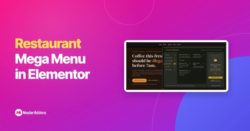 En restaurant mega menu åben under Retter punkt med parabol kategorier og en særlig