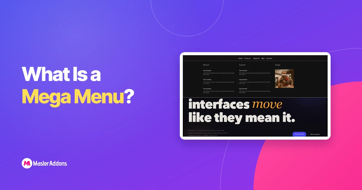 A mega menu open under a site header with three columns and an image