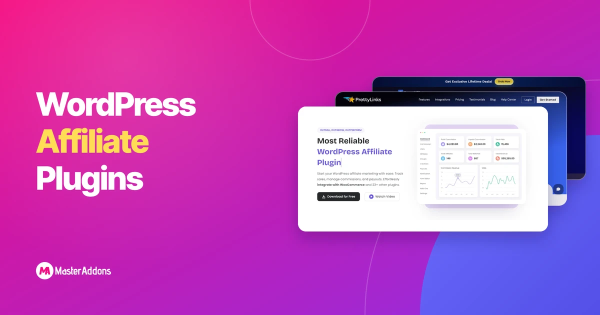Three WordPress affiliate plugin sites shown as stacked cards