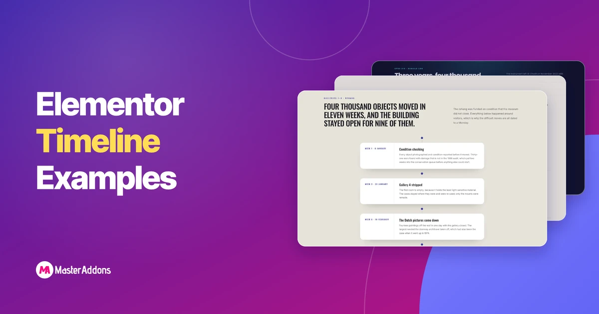 세 가지 Elementor 타임라인 디자인이 쌓인 카드로 표시됩니다