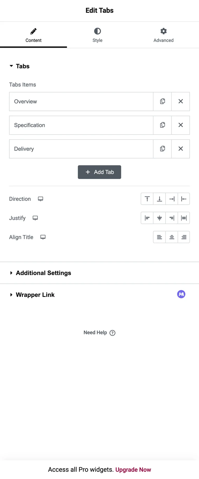 Elementor Nested Tabs widget panel showing the Tabs repeater with Overview, Specification and Delivery items