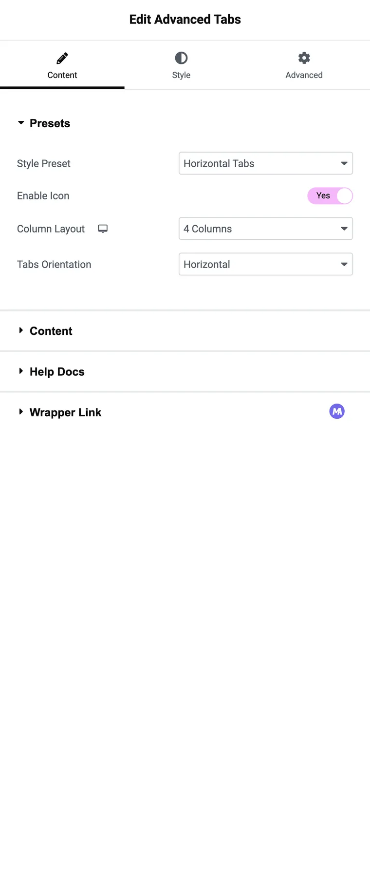 One open tab item showing Icon Type with None, Icon and Image, the Tab Title field and the Content Type dropdown