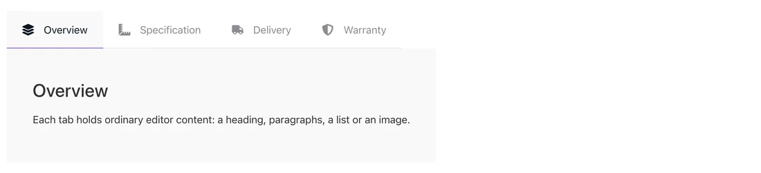 Four tabs with icon titles on the front end, Overview active, with a heading and paragraph in the panel