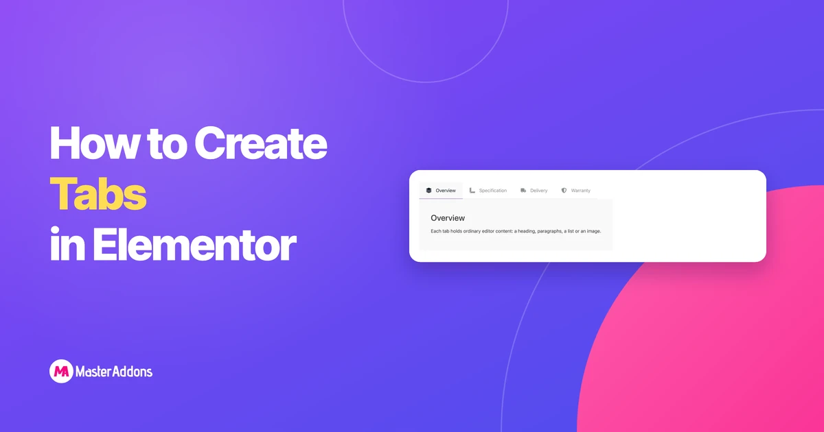 Four Elementor tabs with icon titles and the first panel open