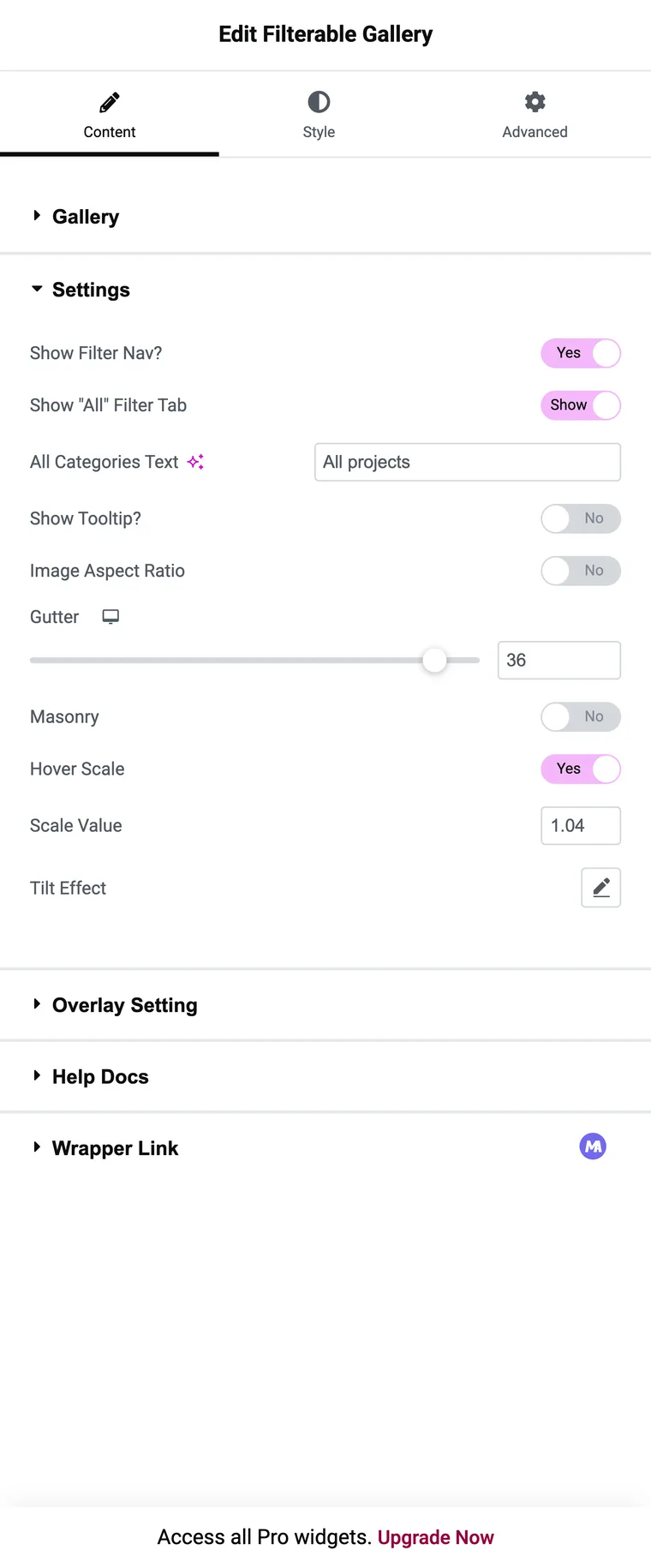 The Settings section of the widget showing Show Filter Nav, Show All Filter Tab, All Categories Text, Show Tooltip, Image Aspect Ratio, Gutter, Masonry, Hover Scale and Tilt Effect