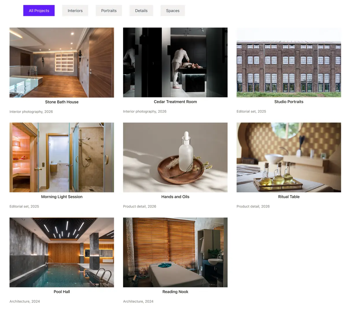 Front end of a filterable gallery with All Projects active and eight project cards in three columns, each with a title and a subtitle