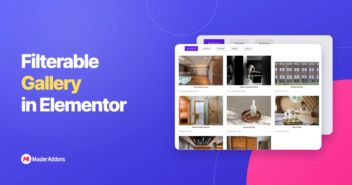 A filterable Elementor gallery with category tabs above a three column grid