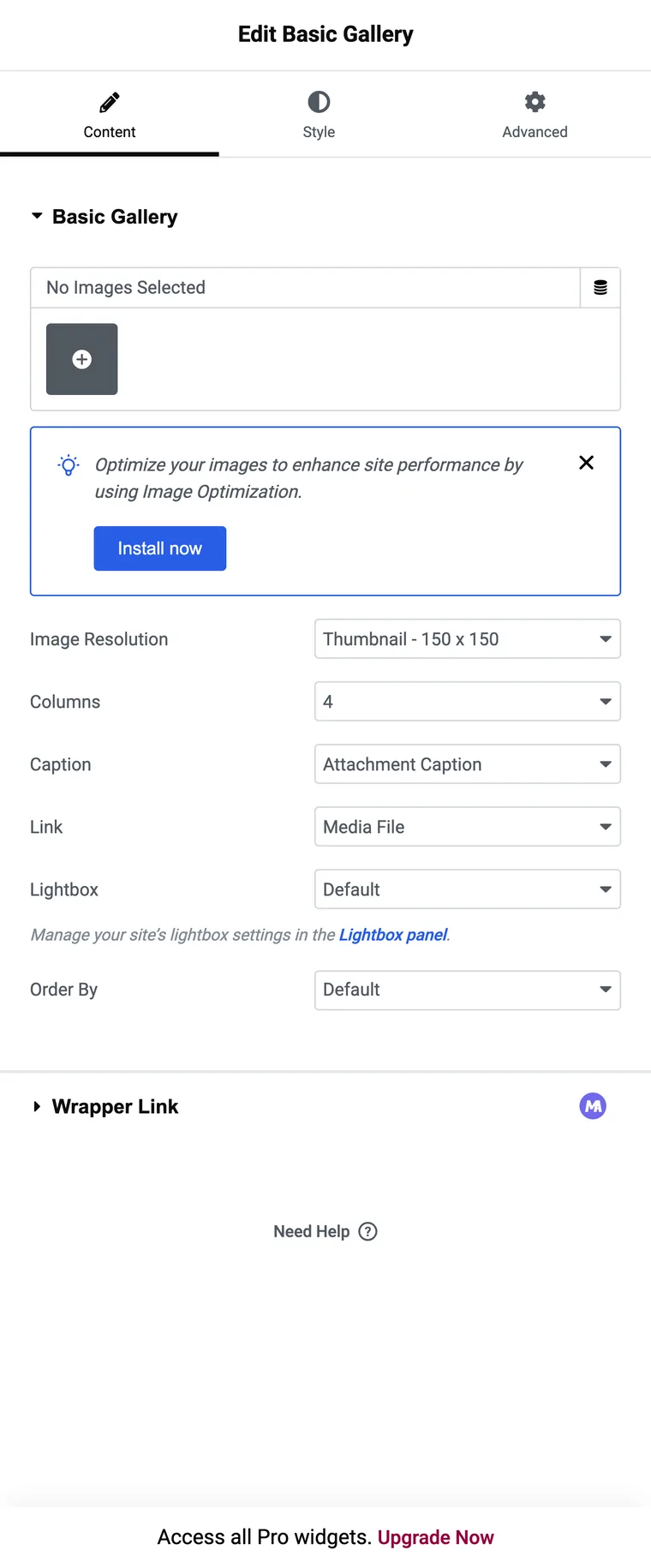 Elementor free Image Gallery widget panel listing Add Images, Image Resolution, Columns, Caption, Link, Lightbox and Order By