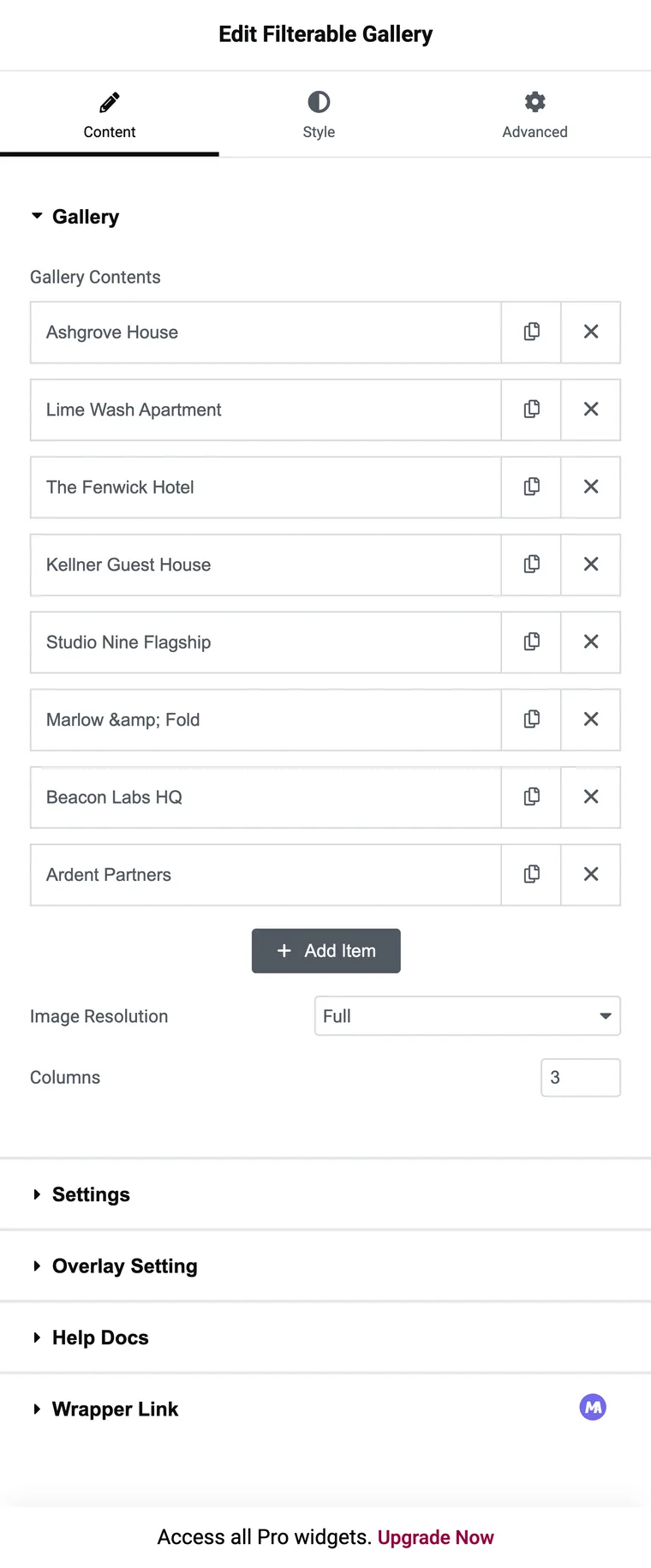 Master Addons Filterable Image Gallery panel with a Gallery Contents repeater of eight items, Image Resolution and Columns