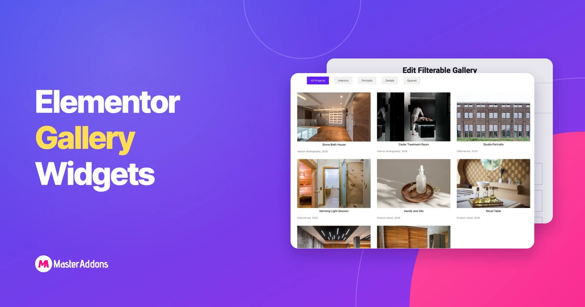 An Elementor gallery grid with filter tabs beside the widget panel