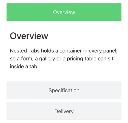 Elementor Nested Tabs on a 390px phone screen, stacked as an accordion with Overview open and Specification and Delivery closed below it