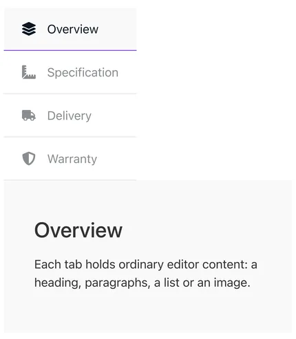 Master Addons tabs on a 390px phone screen with four icon titles stacked in a column and the Overview panel below them