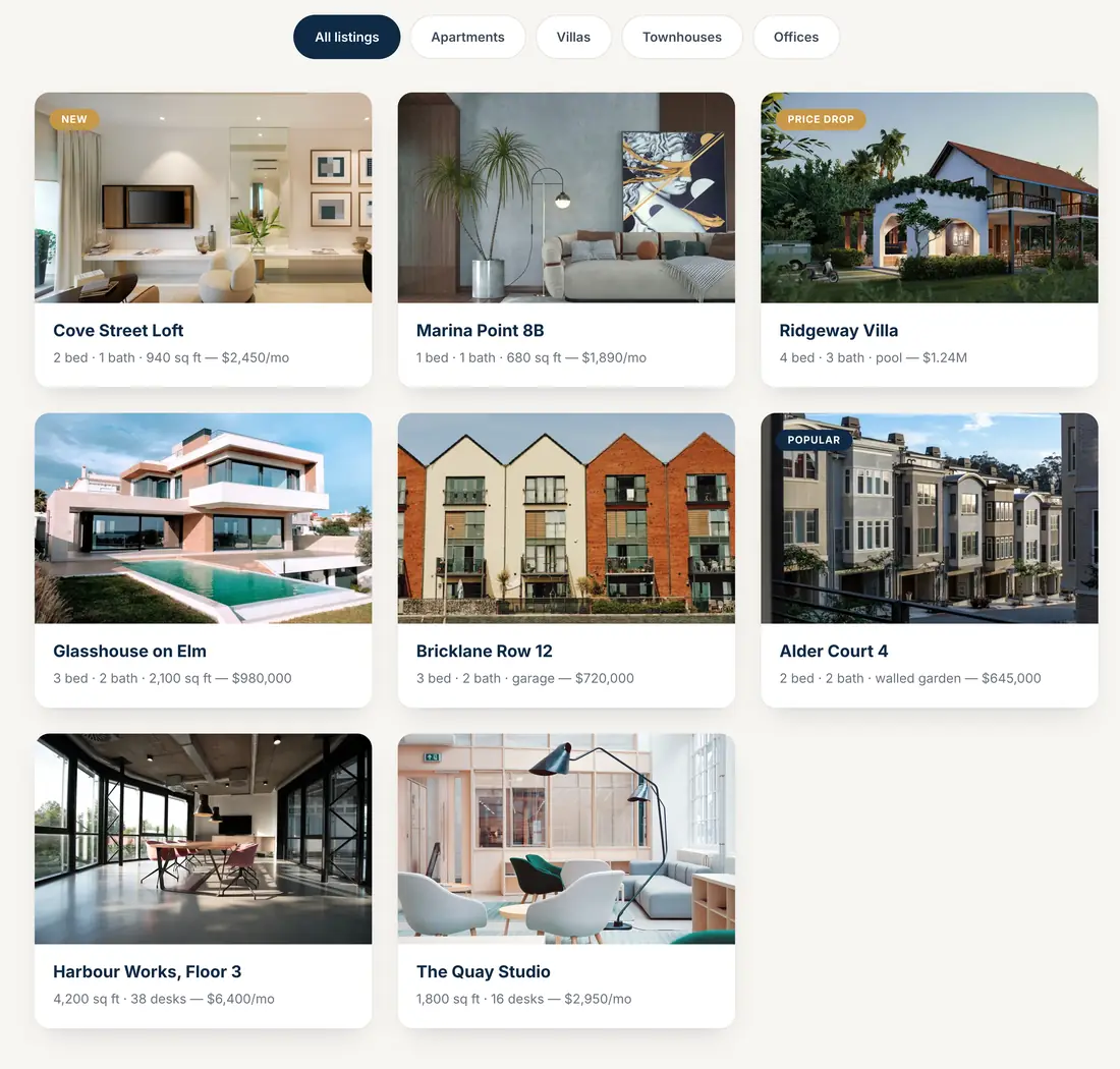 Filterable property gallery with All listings, Apartments, Villas, Townhouses and Offices tabs above eight property cards with titles, details and two buttons
