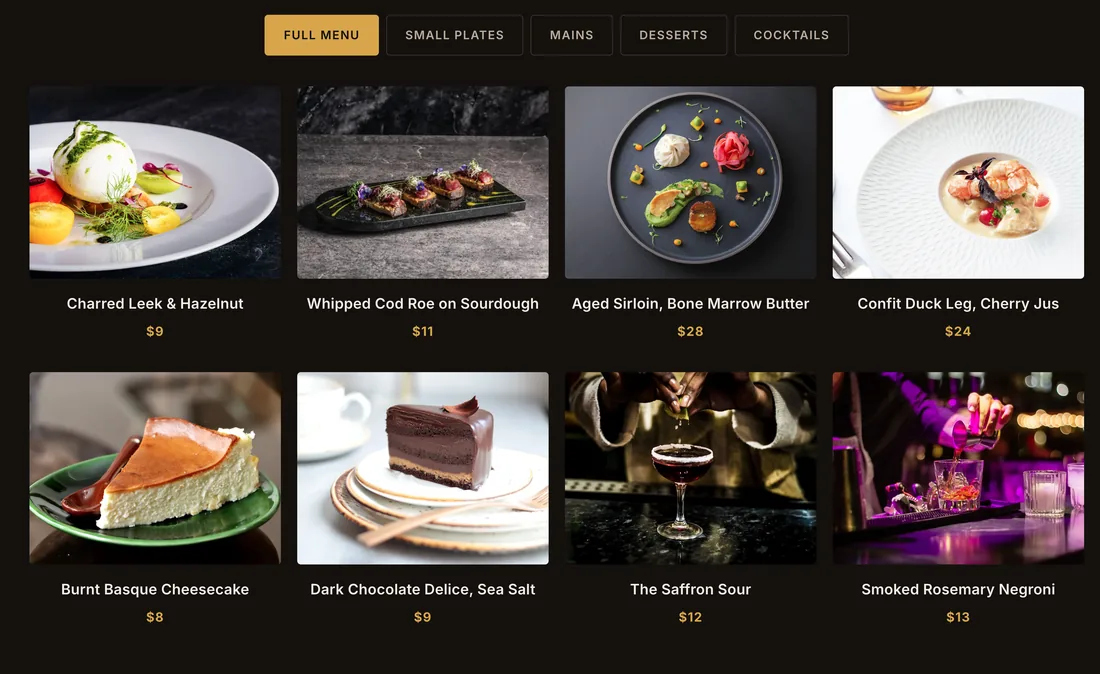 Dark four column restaurant menu gallery with Full menu, Small Plates, Mains, Desserts and Cocktails tabs above dish photos with names and prices
