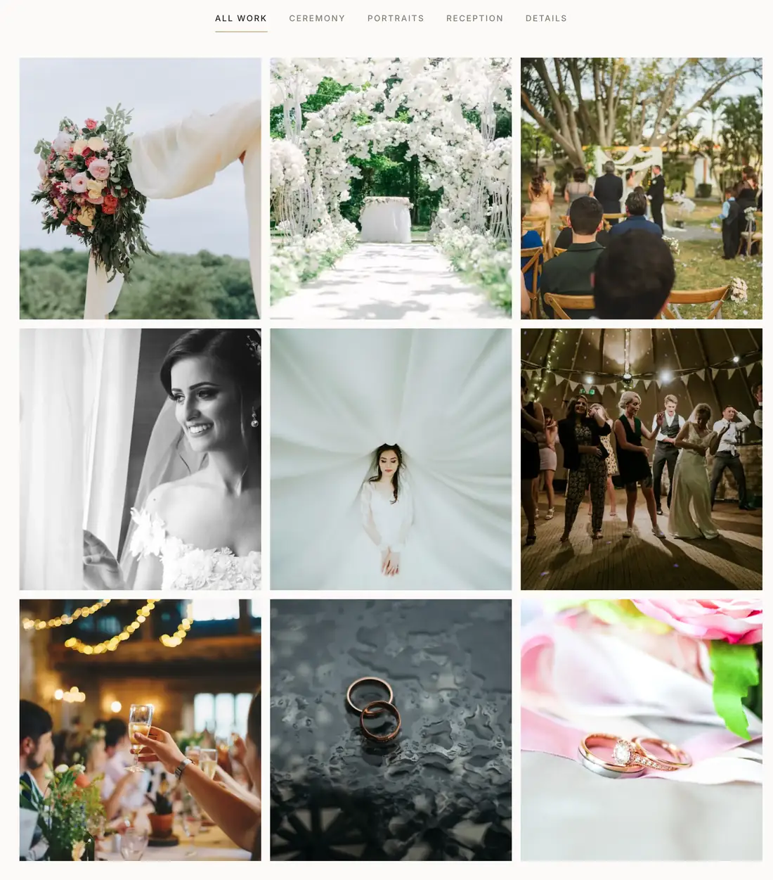 Wedding photography gallery with All work, Ceremony, Portraits, Reception and Details tabs above nine photographs in three columns