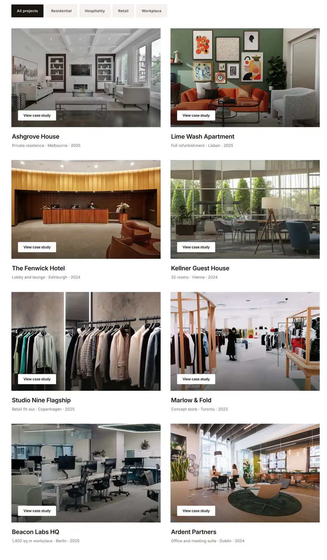 Two column interiors gallery with All projects, Residential, Hospitality, Retail and Workplace tabs above project cards with a View case study button