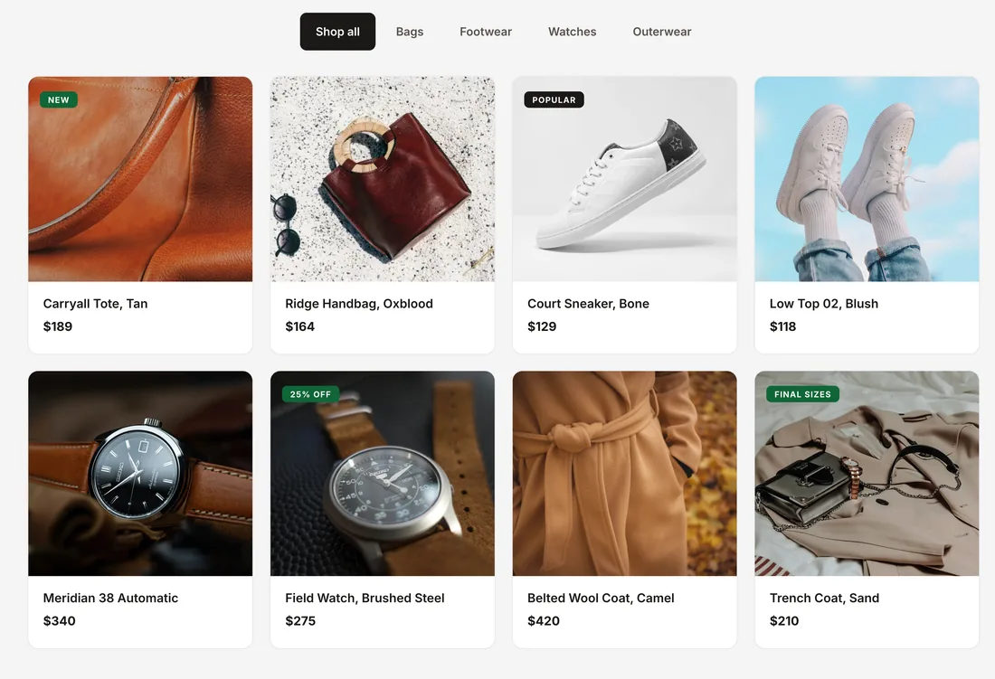 Four column product gallery with Shop all, Bags, Footwear, Watches and Outerwear tabs above product cards with names, prices and two buttons