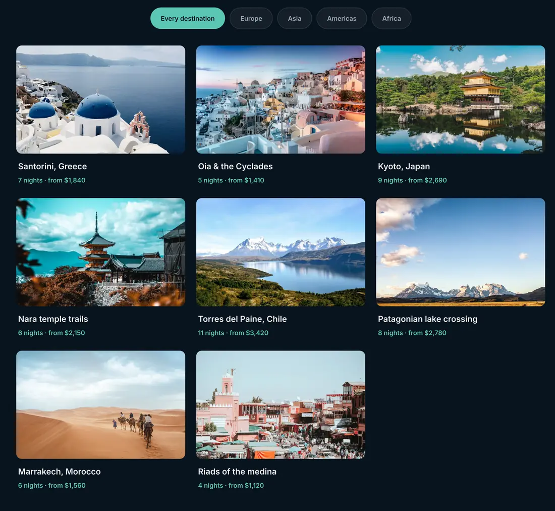 Travel gallery with Every destination, Europe, Asia, Americas and Africa tabs above destination photos with place names and captions